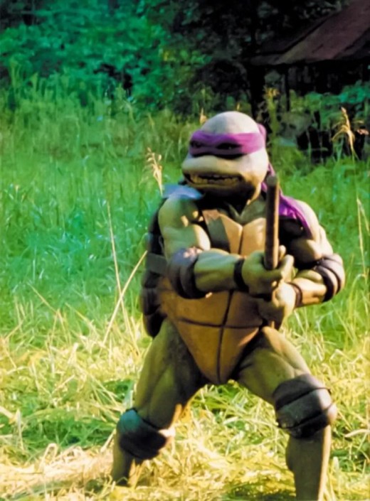 A screenshot of Donatello from the 1990 film Teenage Mutant Ninja Turtles. He's wearing a purple bandanna and standing in a field, practicing with a bo.