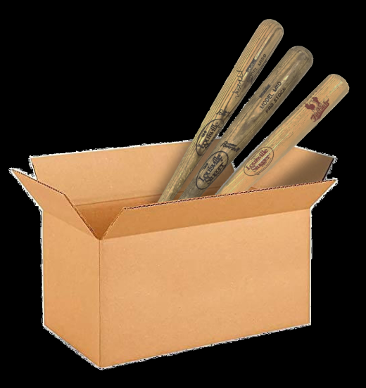 A cardboard box with three wooden baseball bats inside.