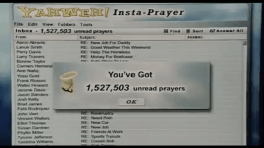 A still from Bruce Almighty showing an inbox with 1,527,503 unread prayers.