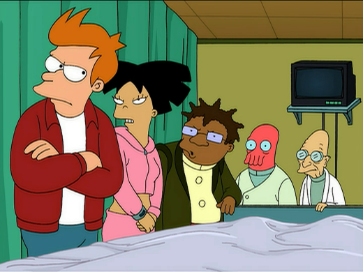 A still from Futurama. Fry, Amy, Hermes, Zoidberg, and the Professor all stand at the foot of Leela's hospital bed. Hermes indicates Fry is incorrect.