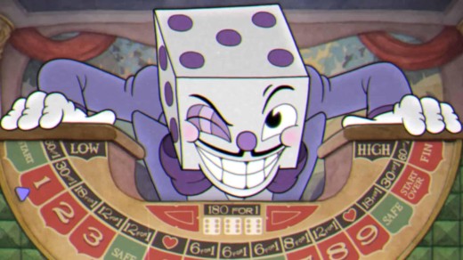 A still from the game Cuphead, showing King Dice, a 6 sided die in a purple suit.