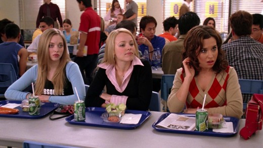 A still from Mean Girls showing the Queen Bees sitting at a lunch table.