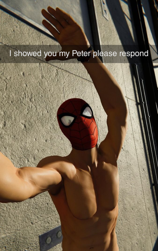 A screenshot of the Spider-Man video game from Sony for PS4/5/PC showing Spider-Man wearing just a mask. It's cut off before showing his crotch - which is covered by underwear in the game but is left ambiguous in this photo. The caption at the top reads I showed you my Peter please respond - a meme reference