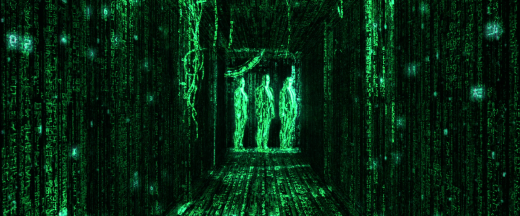 A still from The Matrix showing a hallway and three agents as Matrix code, falling lines that are a mix of mirrored kanji and other symbols in top to bottom orientation that fade out as they fall.