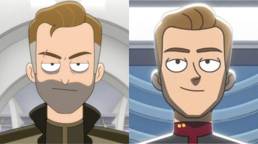 Tomato, tomato. Either way, promotion denied Ensign Kim. A side by side of two characters from Star Trek: Lower Decks of Nick Locarno (left) and Tom Paris (right), both played by Robert Duncan McNeill in this episode and in live action Star Trek.